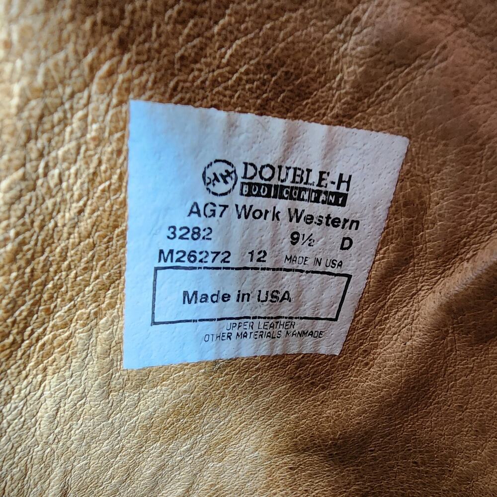 Double-H Leather Cowboy Boots Mens Size 9.5 D Pull On Work Western AG7 3282 - Picture 12 of 12